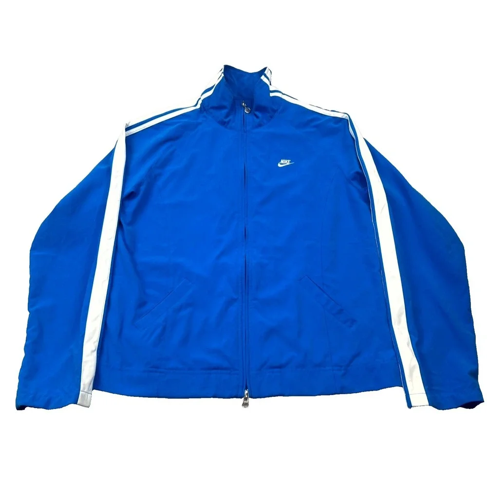 Nike Track Jacket Boys Large Blue Swoosh Logo Full Zip Sleeve Mock Neck Running